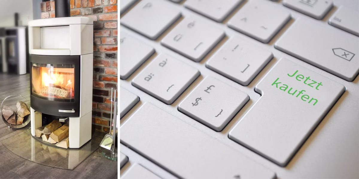 befeuerter Ofen und Tastatur mit Jetzt-Kaufen-Taste