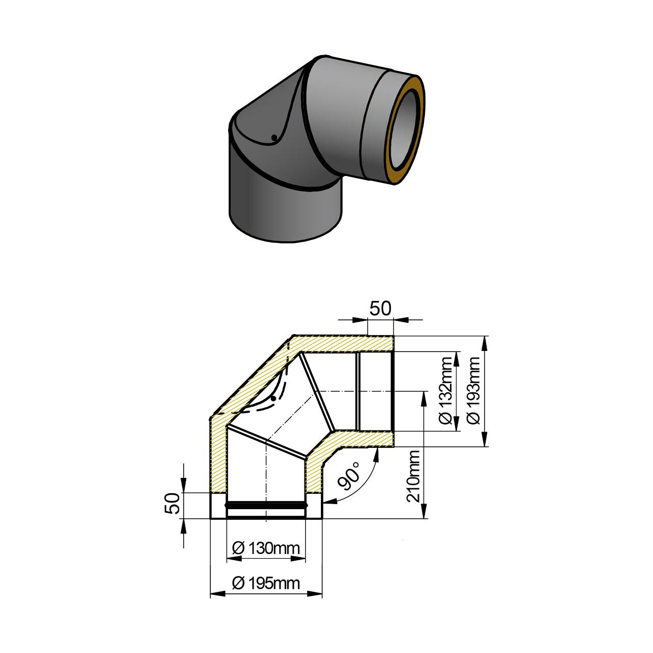 Doppelwandiges Ofenrohr Bogen mit Tür DN 130 mm 90° Schwarz