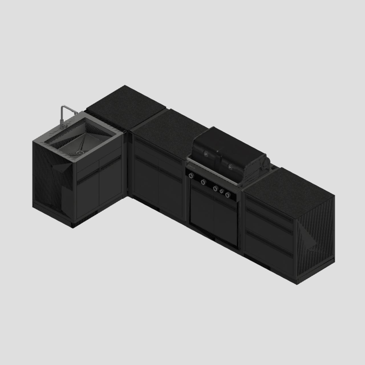 Outdoorküche Outdoorchef Heat X-415 L-Form inkl. Spüle, 3-Schubladenmodul, Schrankmodul & Eckmodul - Arbeitsplatte: Granit