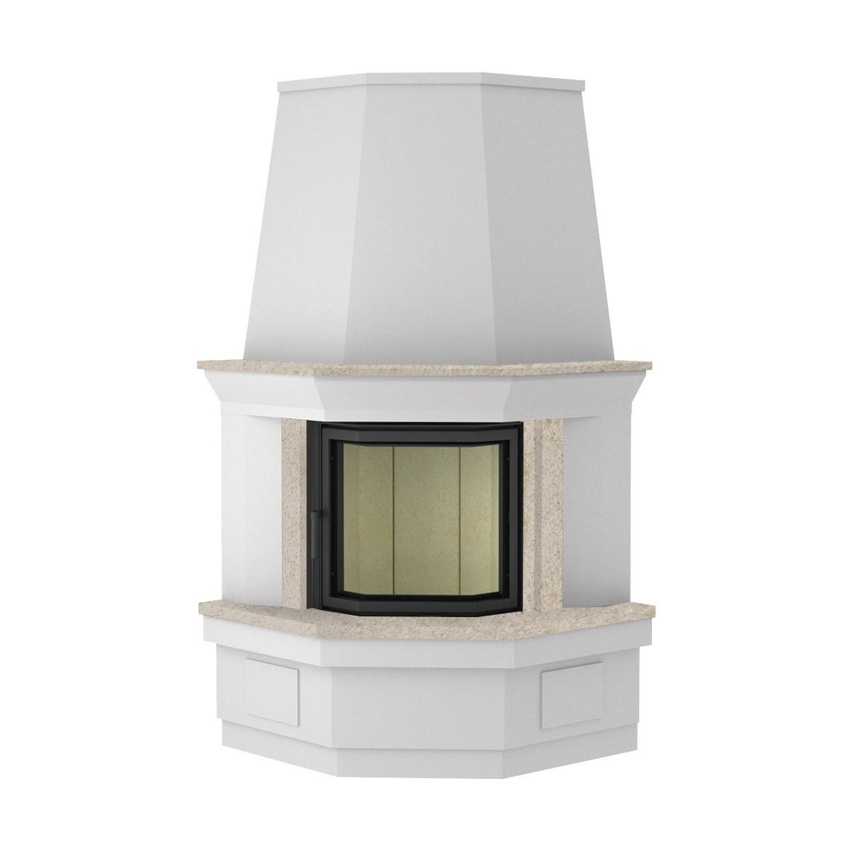 Kaminbausatz Camina S4 Eck mit 7 kW - Naturstein: Mocca creme - Türanschlag: rechts - Feuerraumauskleidung: Schamotte beige - Schürze: geneigt