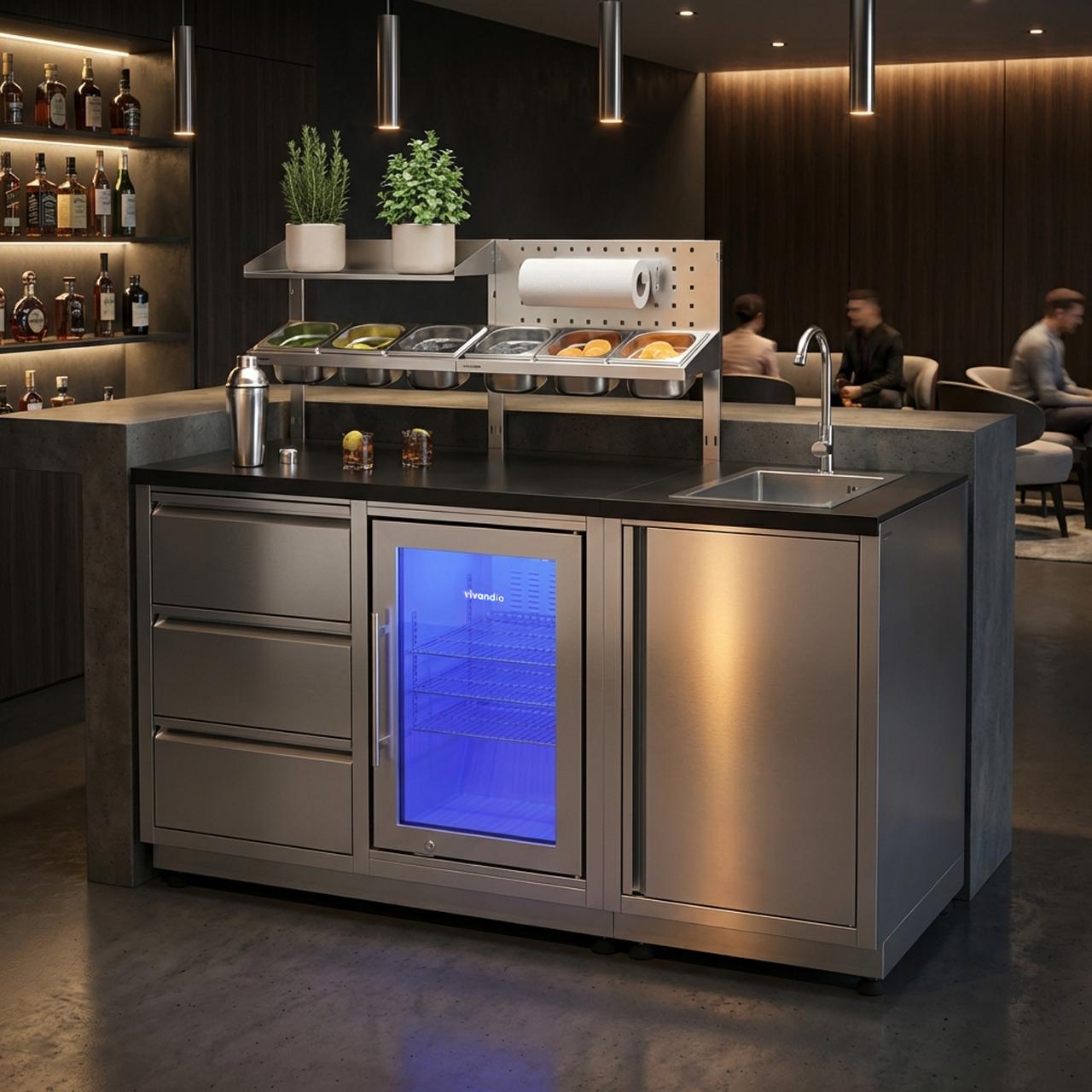 Outdoorküche vivandio quub / Outdoor Cocktailstation mit Kühlschrank und Spüle - Ausführung: silber - Mobilität: mit Lenkrollen