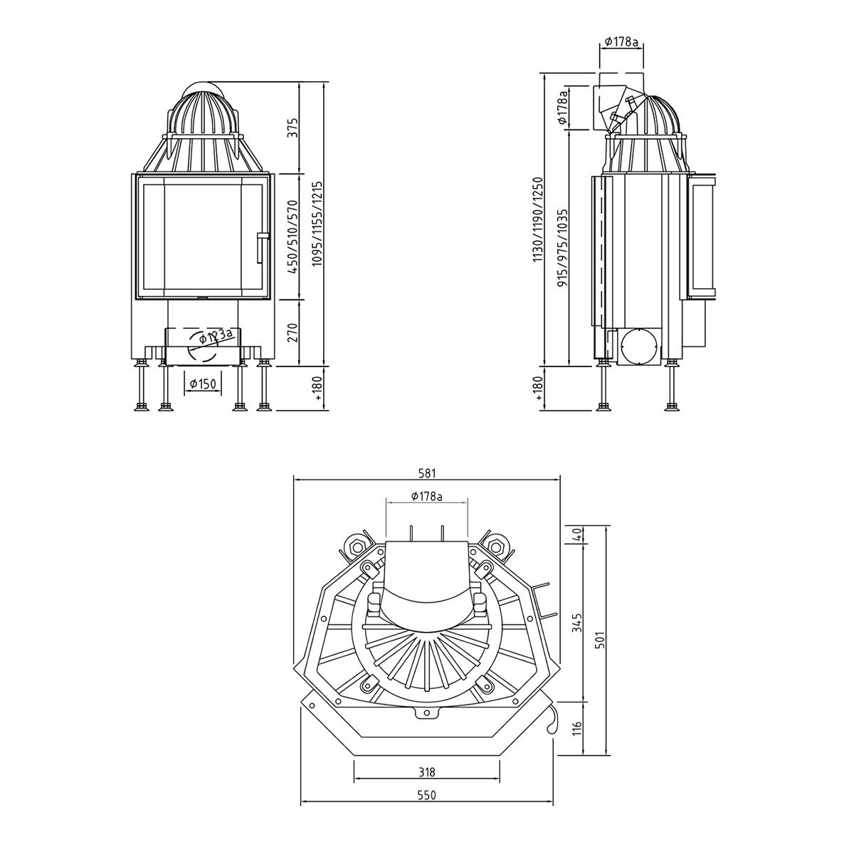 Kamineinsatz Schmid Pano 55 s mit 7 kW - Türhöhe: 45 cm - Türanschlag: rechts - Brennraumauskleidung: Schamotte Beige