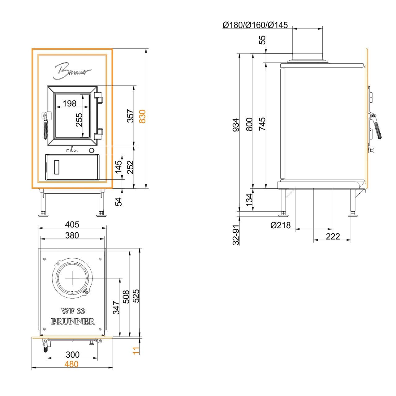 Kachelofeneinsatz Brunner WFR 33 Einfachglasscheibe 7 kW - Ausführung: Gussfrontplatte 830x480mm