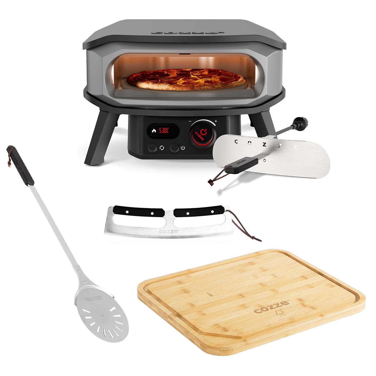 Cozze Pizza Bundle 13 Zoll: Elektro Pizzaofen Premium Rotate inkl. Pizzawender, Pizza Cutter und Bambus Pizzabrett