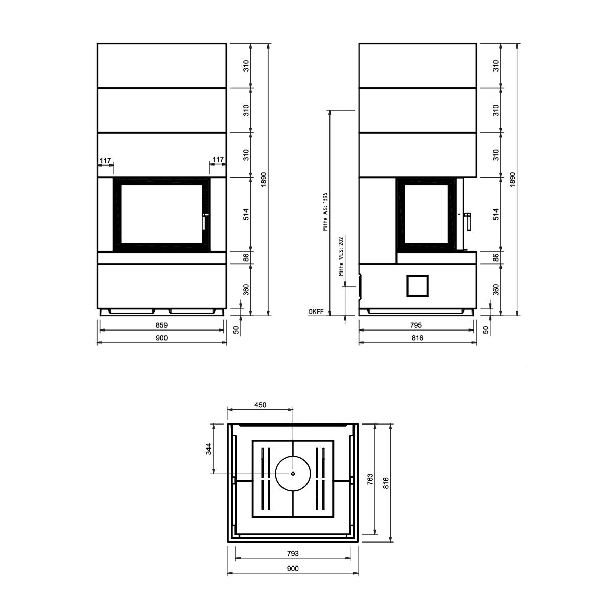 Kaminbausatz Camina S13 mit 9 kW - Ausführung Kaminbausatz: Beton natur - Türausführung: schwenkbar, Türanschlag rechts - Feuerraumauskleidung: Schamotte weiß
