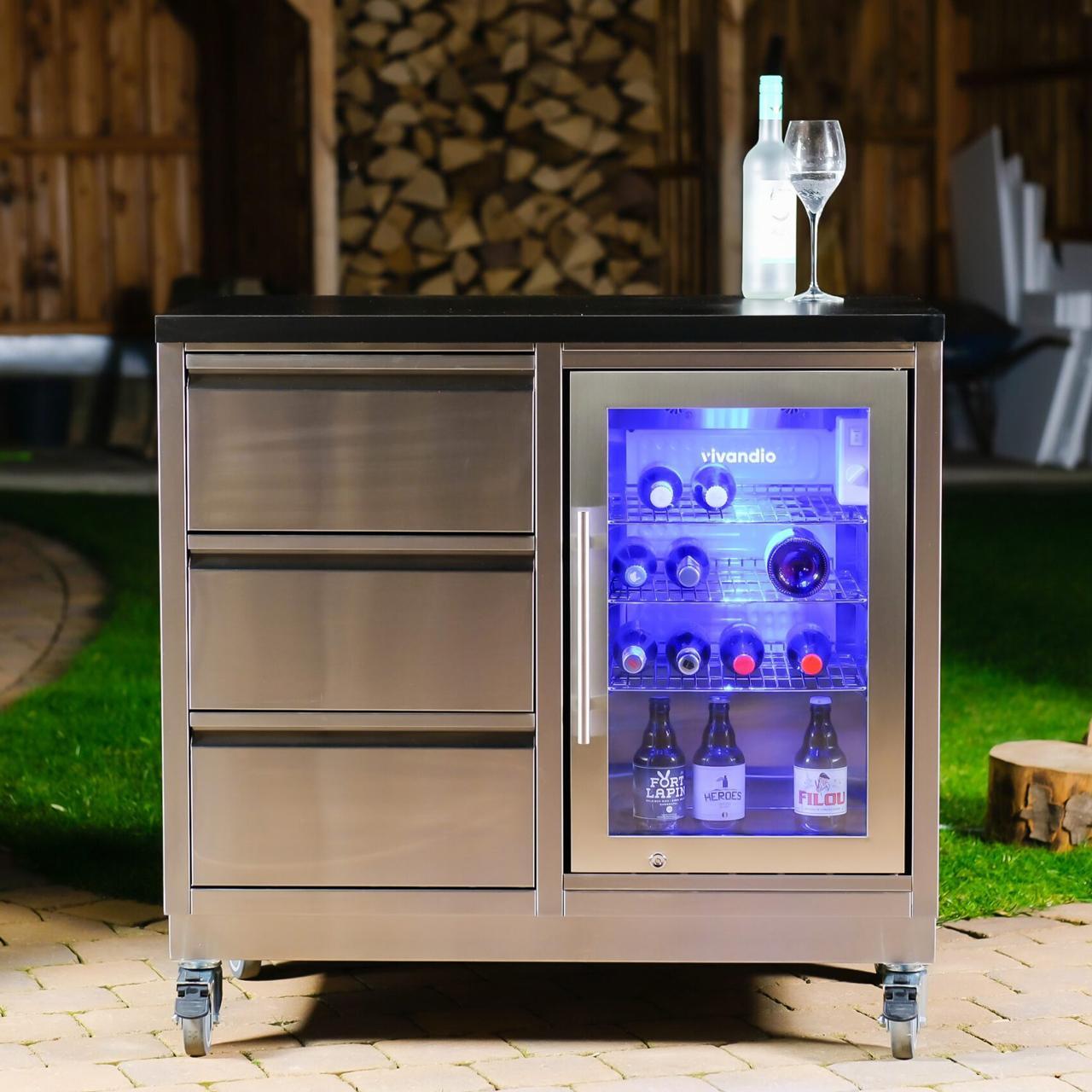 Outdoorküche vivandio quub / Outdoor Cocktailstation mit Kühlschrank und Spüle - Ausführung: schwarz - Mobilität: mit Stellfüßen