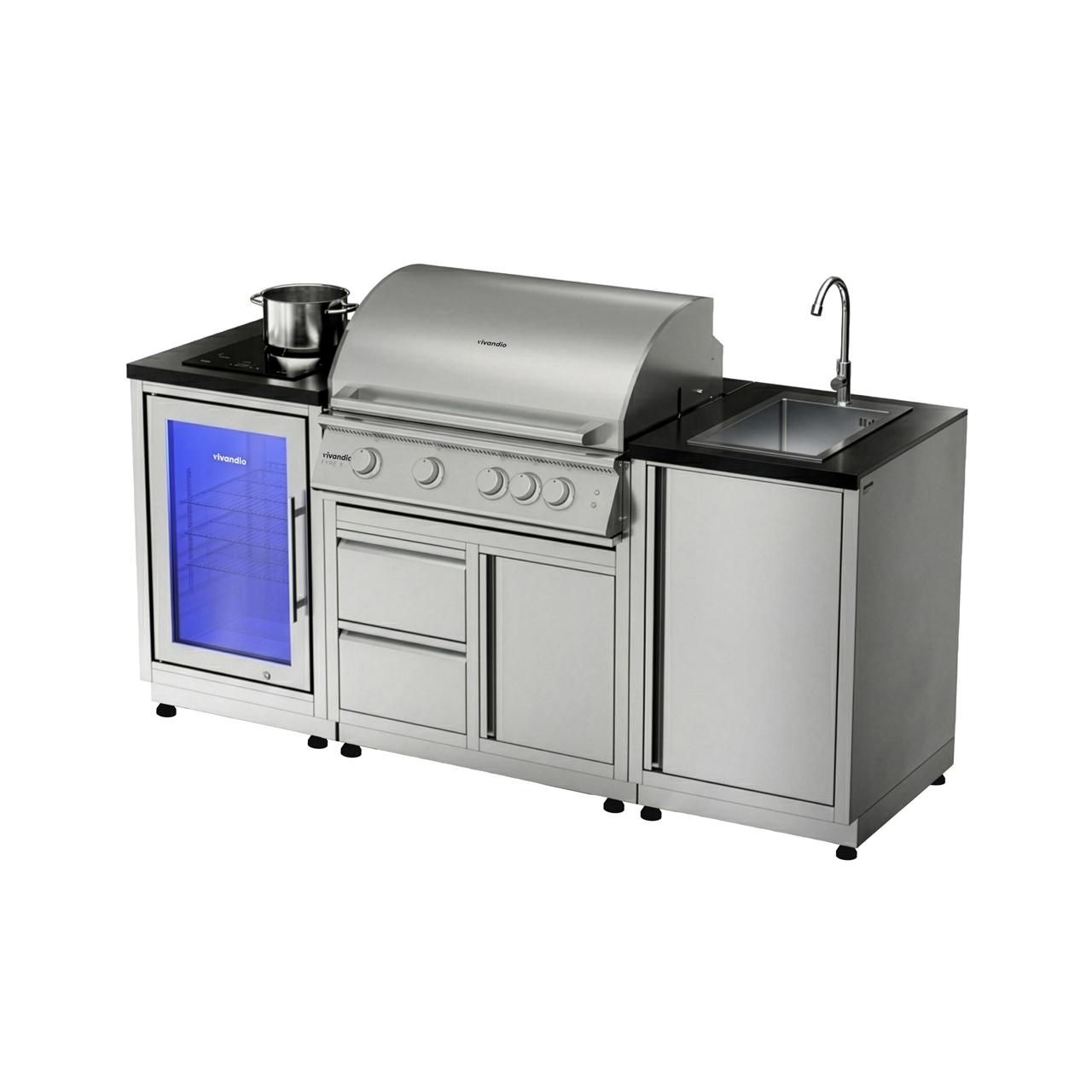 Outdoorküche vivandio quub / Mobile Outdoorküche mit Grill, Kühlschrank & Spüle - Ausführung: silber - Mobilität: mit Stellfüßen