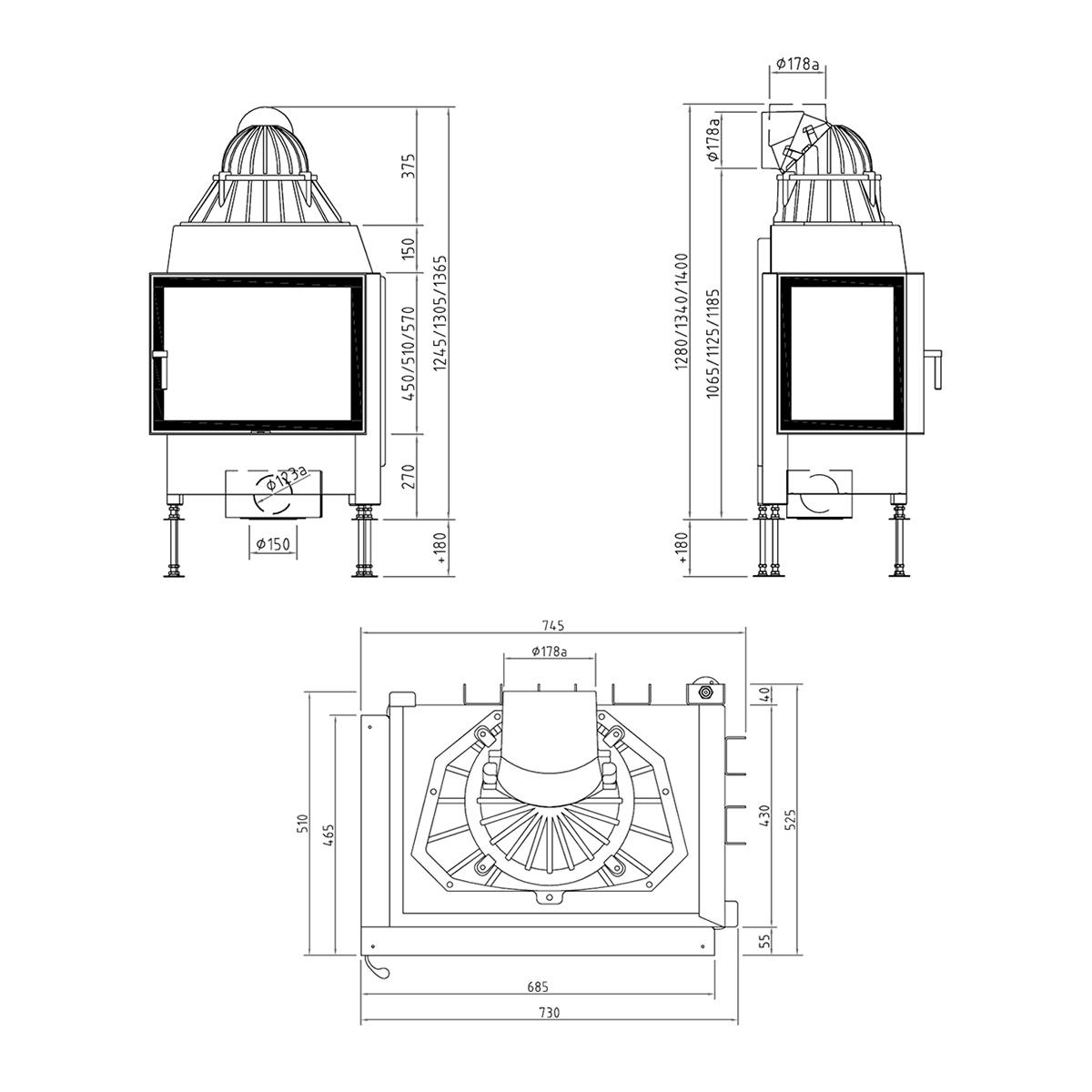 Eck-Kamineinsatz Schmid Ekko L 67(45) s mit 9 kW - Türhöhe: 51 cm - Türausführung: mit Steg - Brennraumauskleidung: Schamotte Weiß
