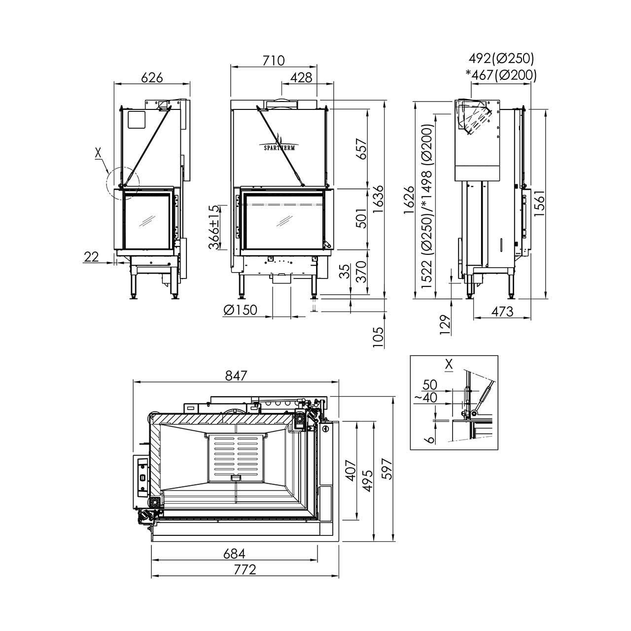 Kamineinsatz Spartherm Premium V-2R-68h 9,6 kW - Ausführung: Abgasanschluss 250 mm