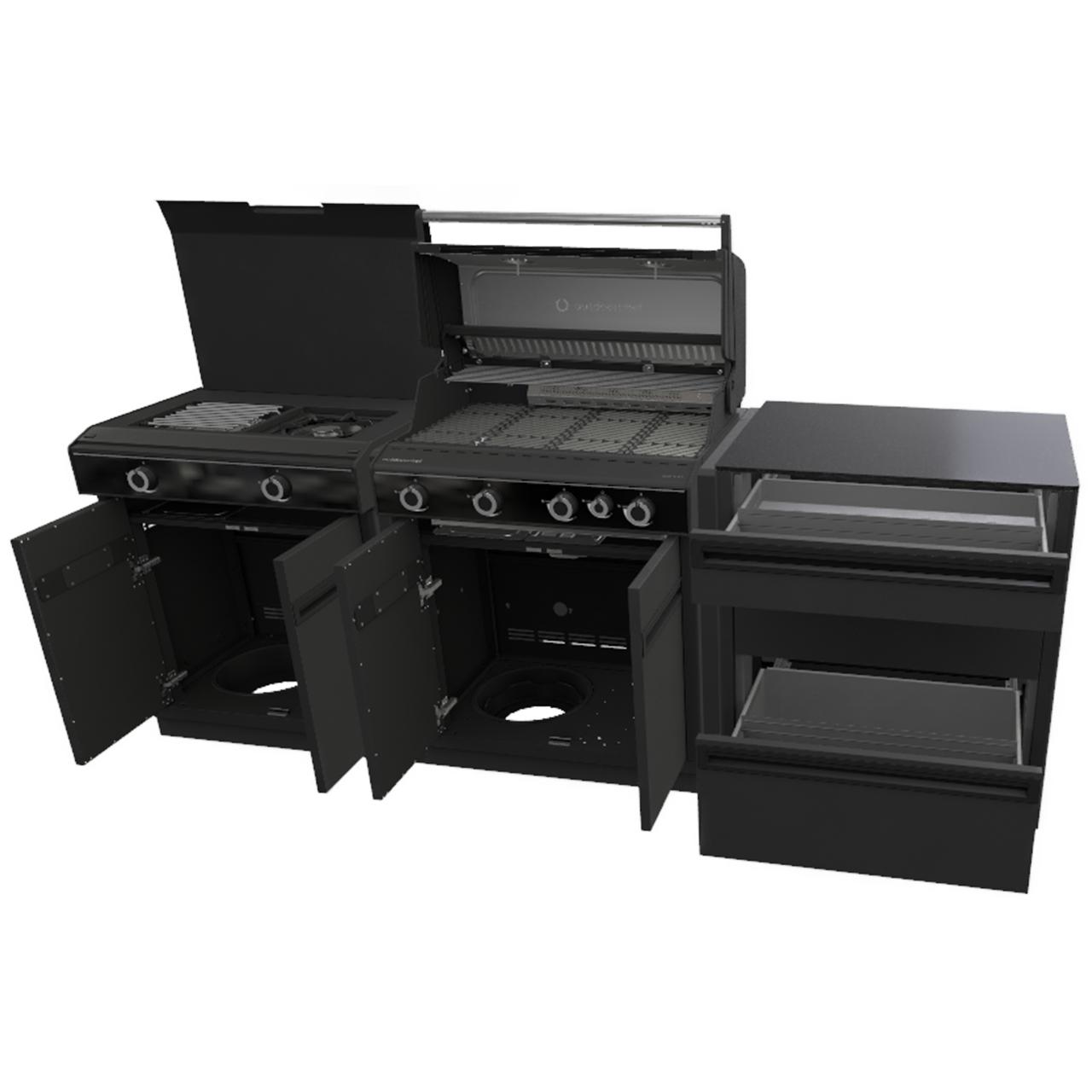 Outdoorchef Heat Outdoorküche X-415 RB K mit Blazing Zone X-245 K, Schubladenschrank und massiver Plancha XL aus Gusseisen inkl. Granit-Arbeitsplatte