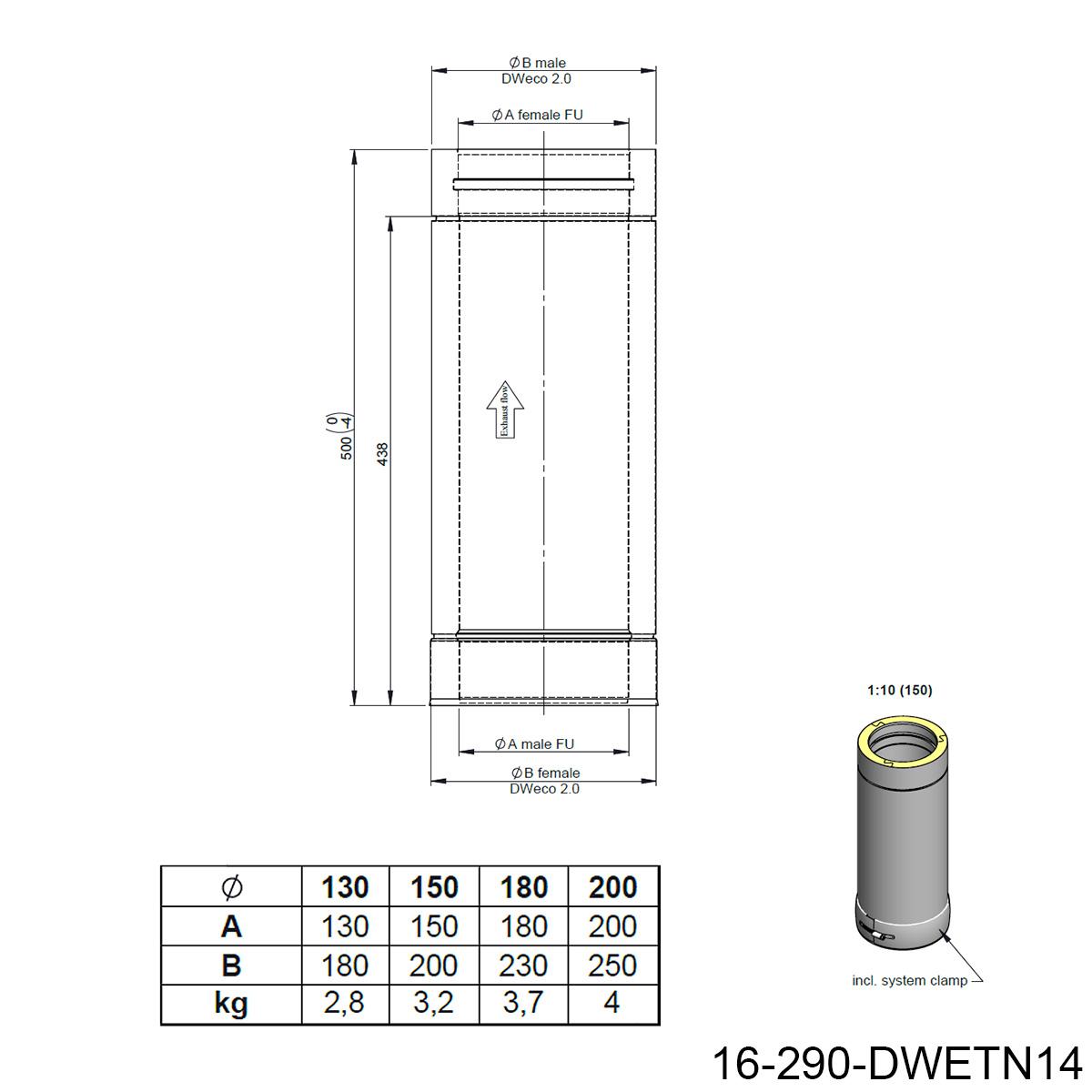 Jeremias DW-BLACK Längenelement - für Schornstein-Innendurchmesser: 130mm - Länge: 500mm