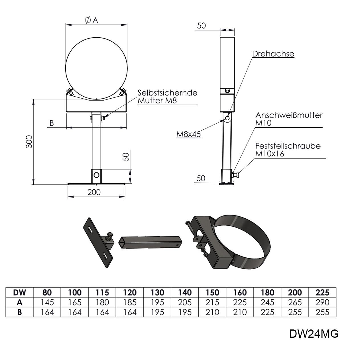 Jeremias DW Wandhalter mit Gelenk kürzbar 140-300mm - für Schornstein-Innendurchmesser: 80mm