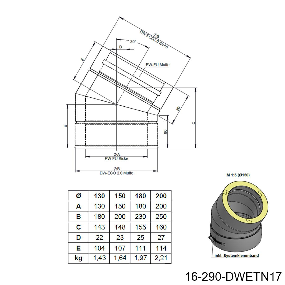 Jeremias DW-BLACK Bogen - Winkel: 30° - für Schornstein-Innendurchmesser: 150mm