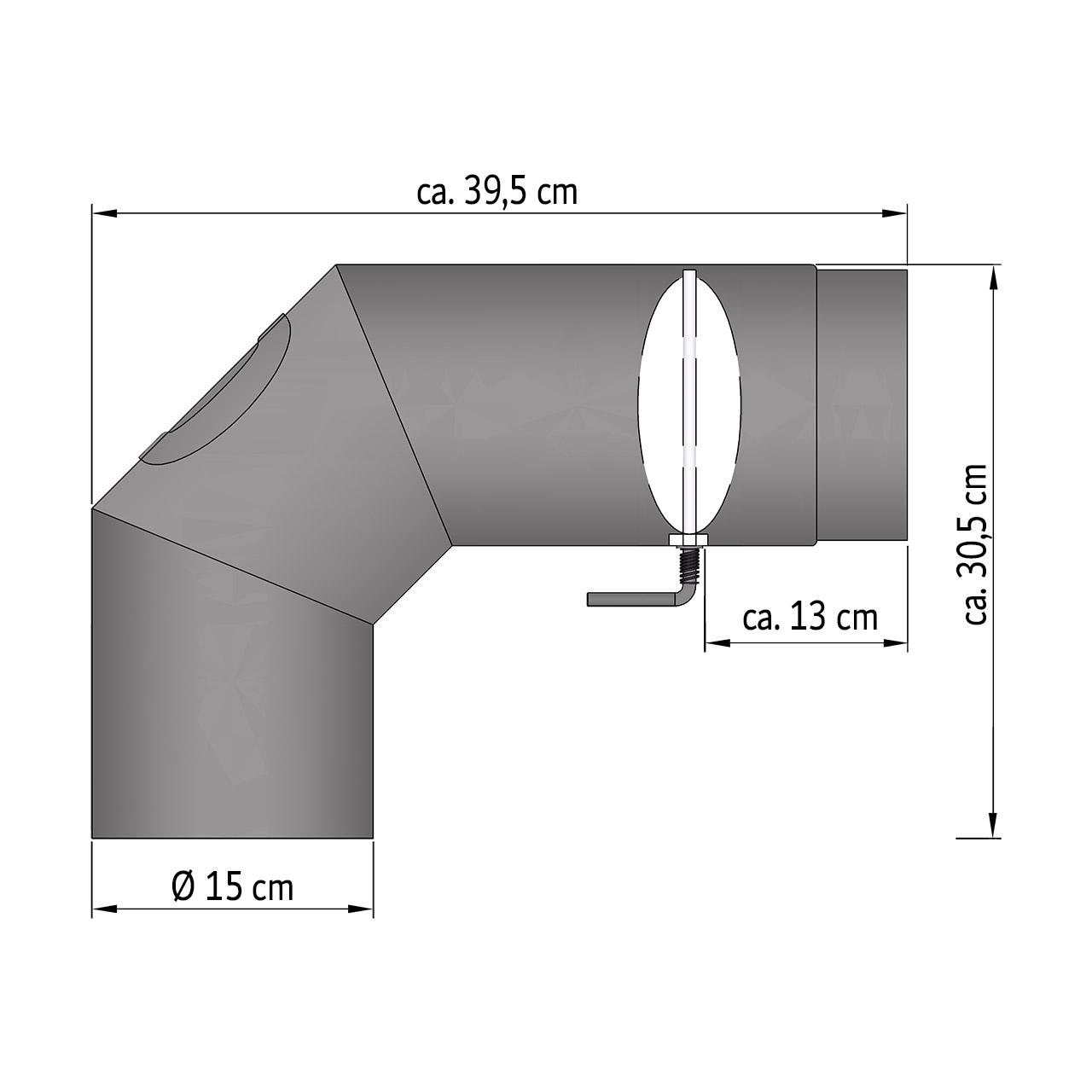 Ofenrohr Bogen 3tlg. starr geschliffen mit Tür und Drosselklappe DN 150 mm 90° Gussgrau
