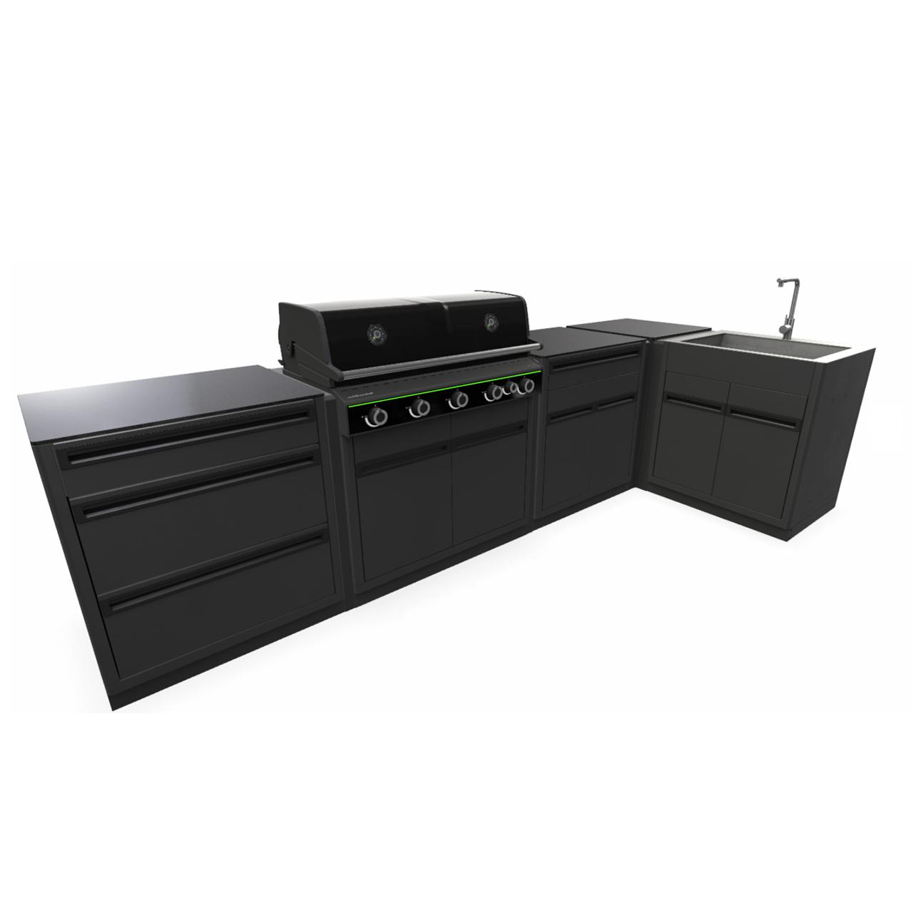 Outdoorküche Outdoorchef Heat X-515 L-Form inkl. Spüle, 3-Schubladenmodul, Schrankmodul & Eckmodul - Arbeitsplatte: Granit