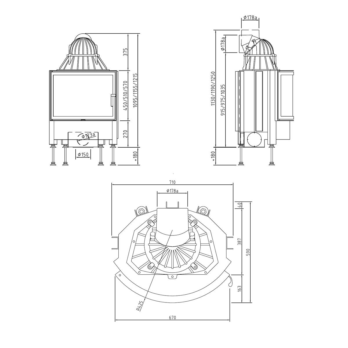 Kamineinsatz Schmid Ronda 67 s mit 9 kW - Türhöhe: 51 cm - Türanschlag: rechts - Brennraumauskleidung: Schamotte Beige