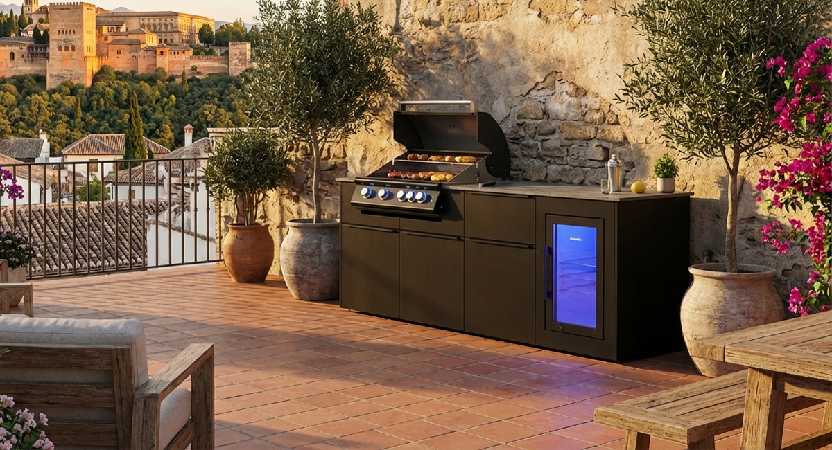 Das Bild dient lediglich der Veranschaulichung und zeigt eine Beispielkonfiguration der vivandio elements Outdoorküche Granada - all black