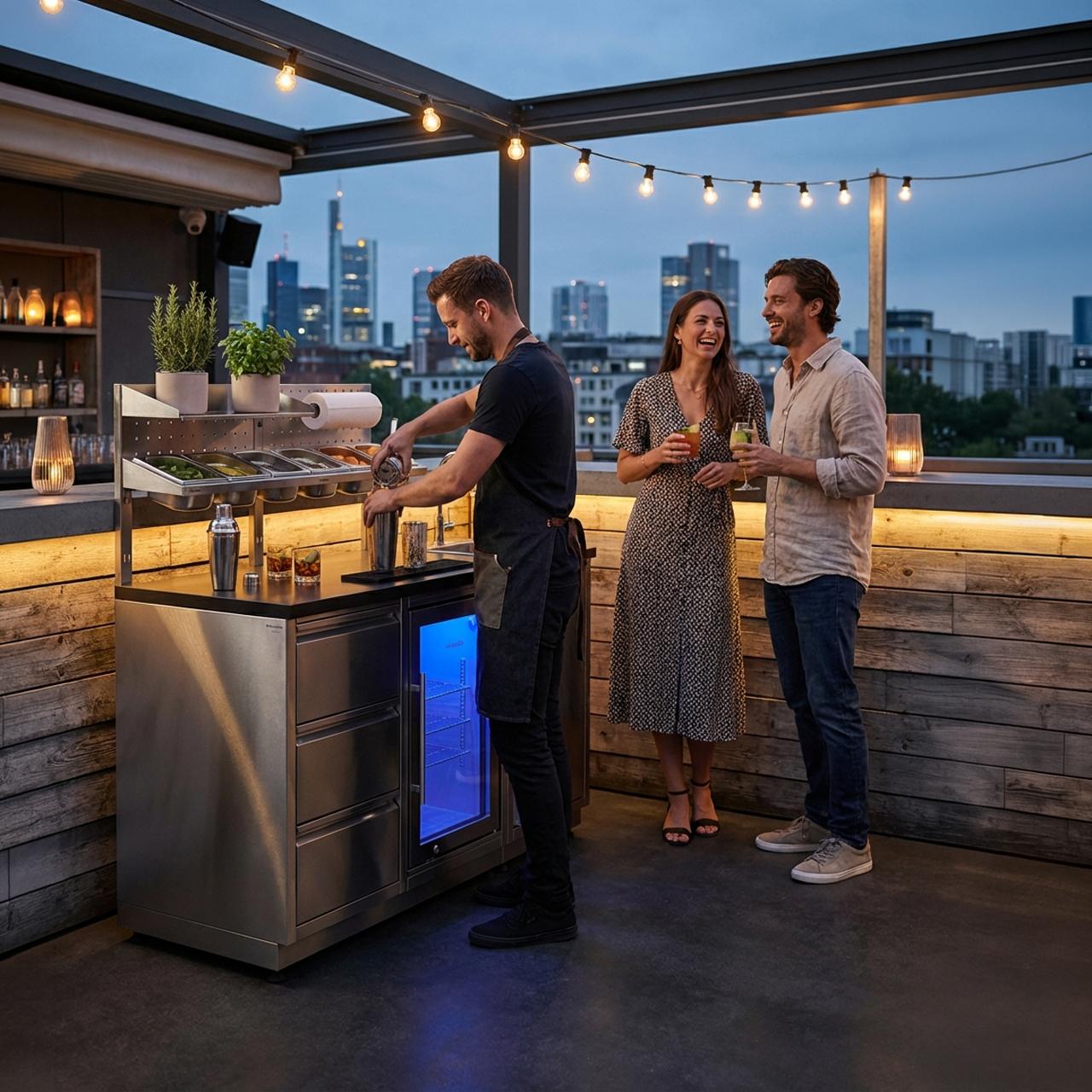 Outdoorküche vivandio quub / Outdoor Cocktailstation mit Kühlschrank und Spüle - Ausführung: silber - Mobilität: mit Lenkrollen