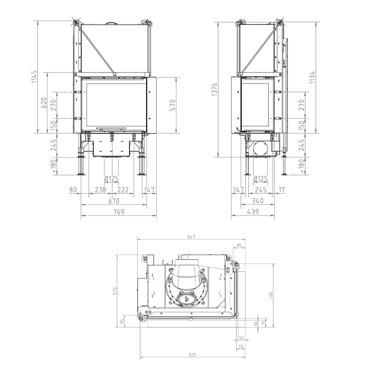 Eck-Kamineinsatz Schmid Ekko R 67(45) h evo mit 9 kW - Türhöhe: 57 cm - Brennraumauskleidung: Schamotte Anthrazit - modulares Blendrahmensystem: ja