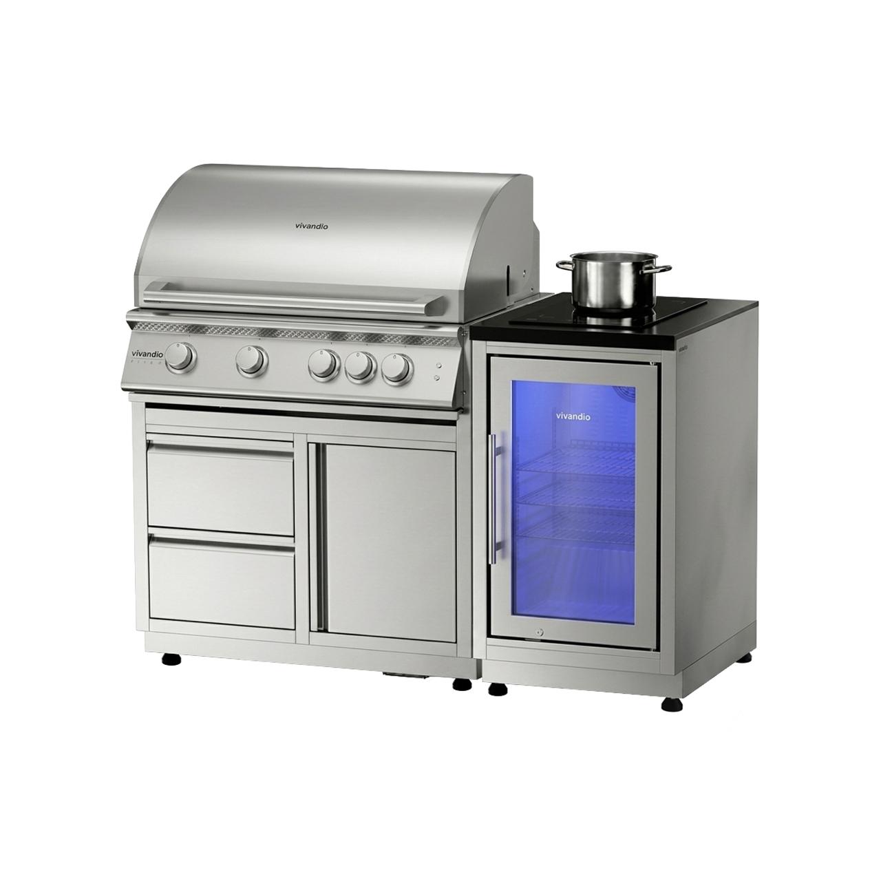 Outdoorküche vivandio quub / Mobile Outdoorküche mit Grill, Kühlschrank & Kochfeld - Ausführung: silber - Mobilität: mit Stellfüßen