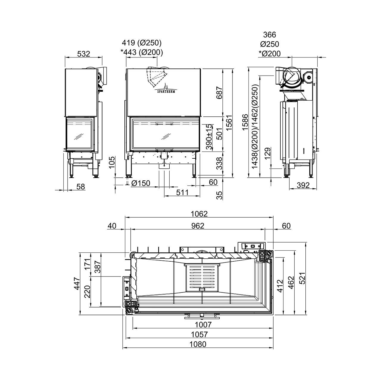Kamineinsatz Spartherm Varia 2R-100h 12,3 kW - Feuerraumauskleidung: weiß