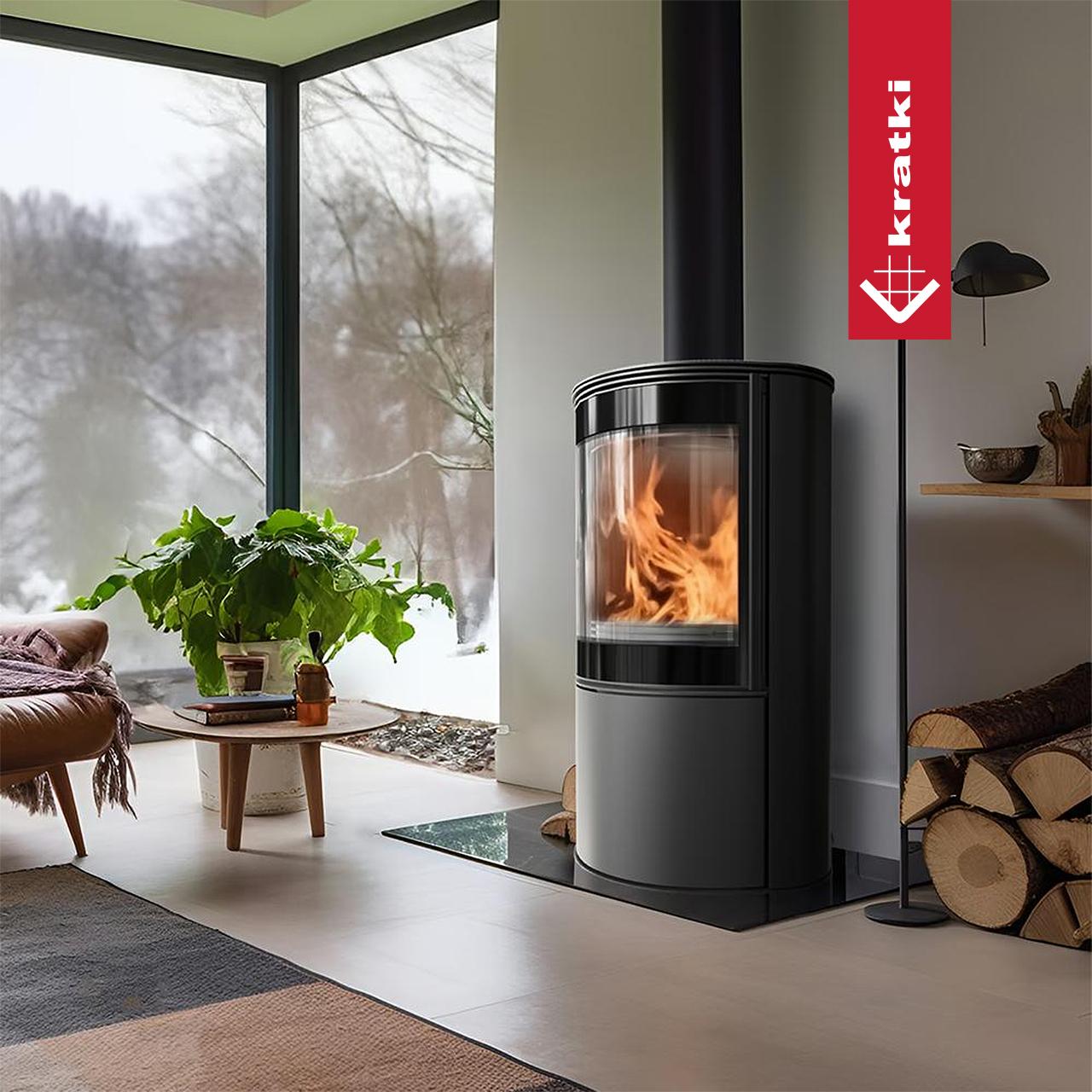 Kaminofen Kratki BJORN mit 7 kW - Verkleidung: Stahl schwarz - Topplatte: Stahl schwarz - Feuerraumauskleidung: schwarz