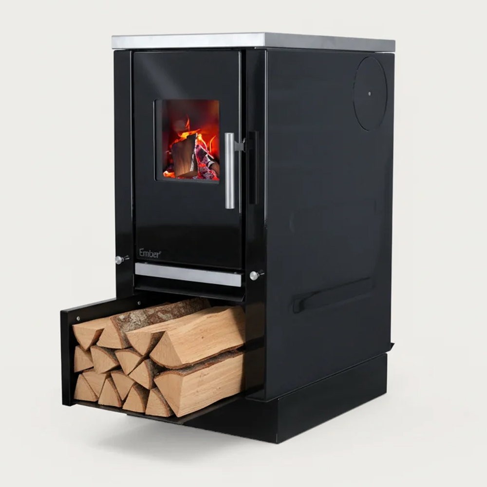 Ember A2-40  ausziehbare Holzschublade unterhalb der Brennkammer