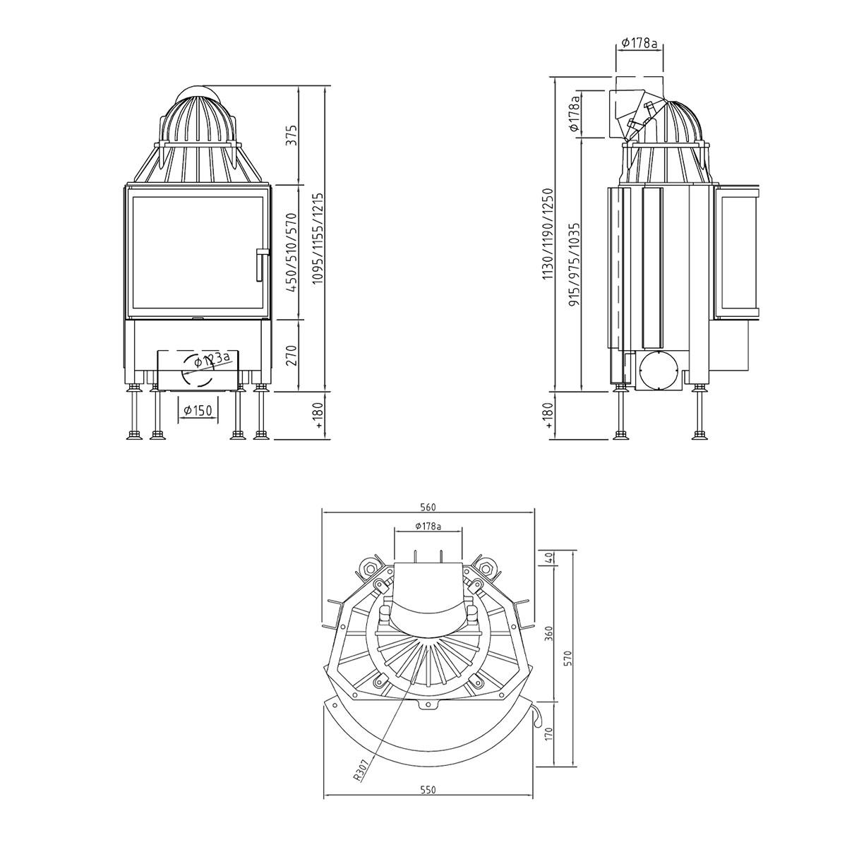 Kamineinsatz Schmid Ronda 55 s mit 7 kW - Türhöhe: 51 cm - Türanschlag: links - Brennraumauskleidung: Schamotte Beige