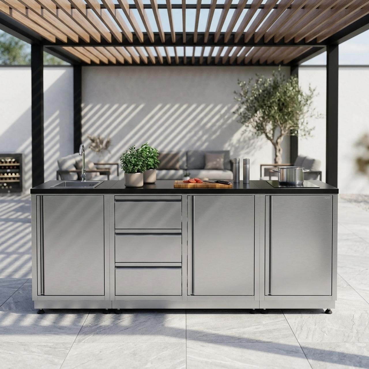 Outdoorküche vivandio quub / Outdoor Kochstation mit Induktionskochfeld & Spüle - Ausführung: silber - Mobilität: mit Stellfüßen