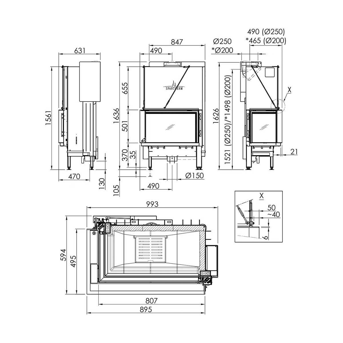 Kamineinsatz Spartherm Premium V-2L-80h 10,5 kW - Feuerraumauskleidung: weiß - Rauchrohrdurchmesser: 250 mm
