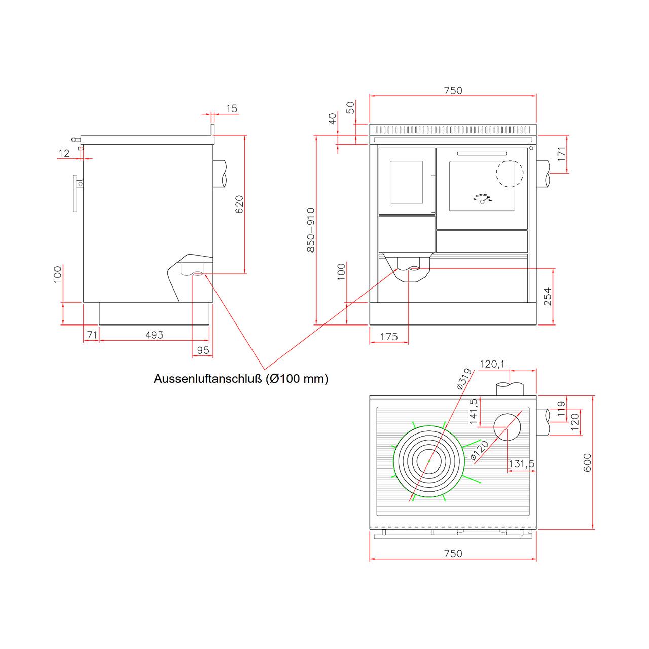 Holzherd Tyrola TR_B 75, 7 kW Küchenofen - Verkleidung: Edelstahl