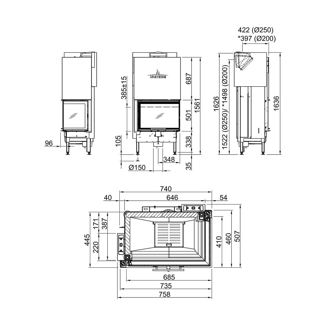 Kamineinsatz Spartherm Varia 2R-68h, L-Form-Kamin 9,6 kW - Ausführung: Abgasanschluss Ø 250 mm