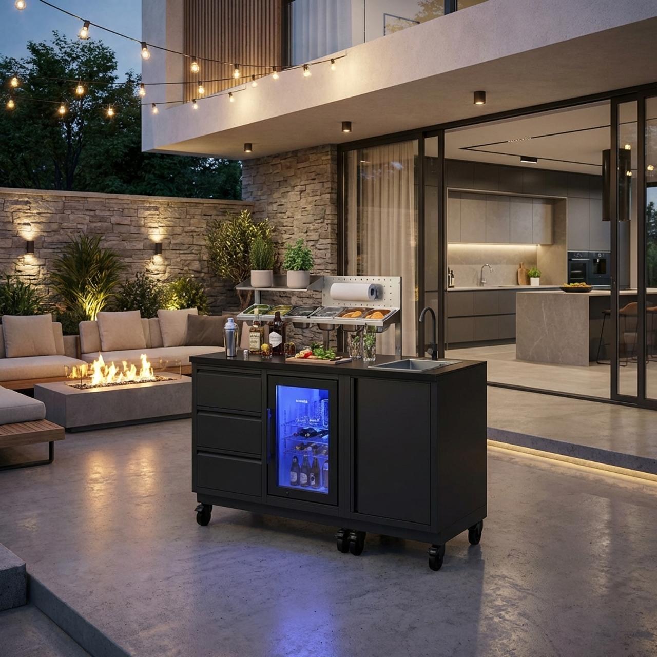 Outdoorküche vivandio quub / Outdoor Cocktailstation mit Kühlschrank und Spüle - Ausführung: schwarz - Mobilität: mit Stellfüßen