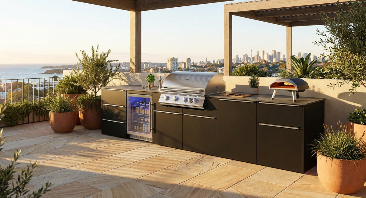 Das Bild dient lediglich der Veranschaulichung und zeigt eine Beispielkonfiguration der vivandio elements Outdoorküche
