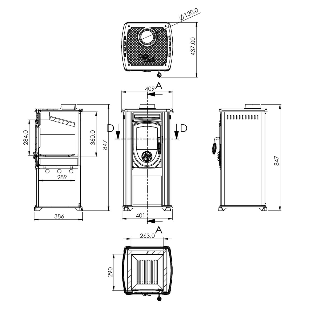Kaminofen Bella Thalia Okta 3,9 kW - Korpus: Schwarz / Schwarz