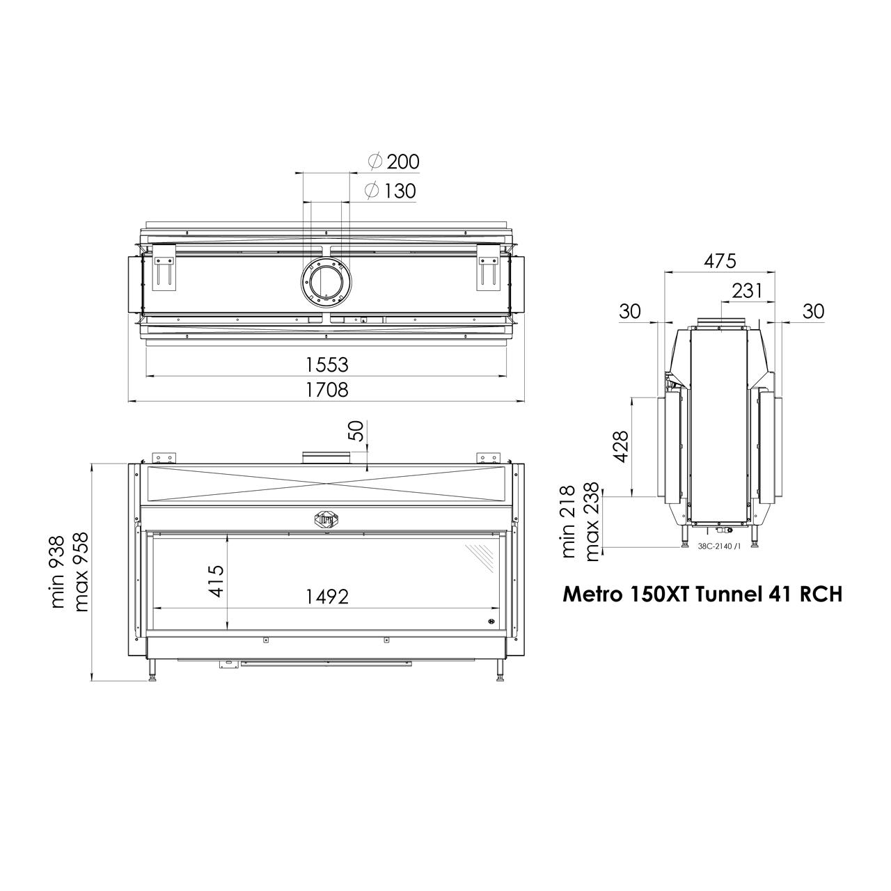 Gaskamin DRU Metro 150XT-41 Tunnel RCH - Gasart: Erdgas G25 (L/LL) - Glasscheibe: mit CV-Glas - PowerVent (PV): ohne