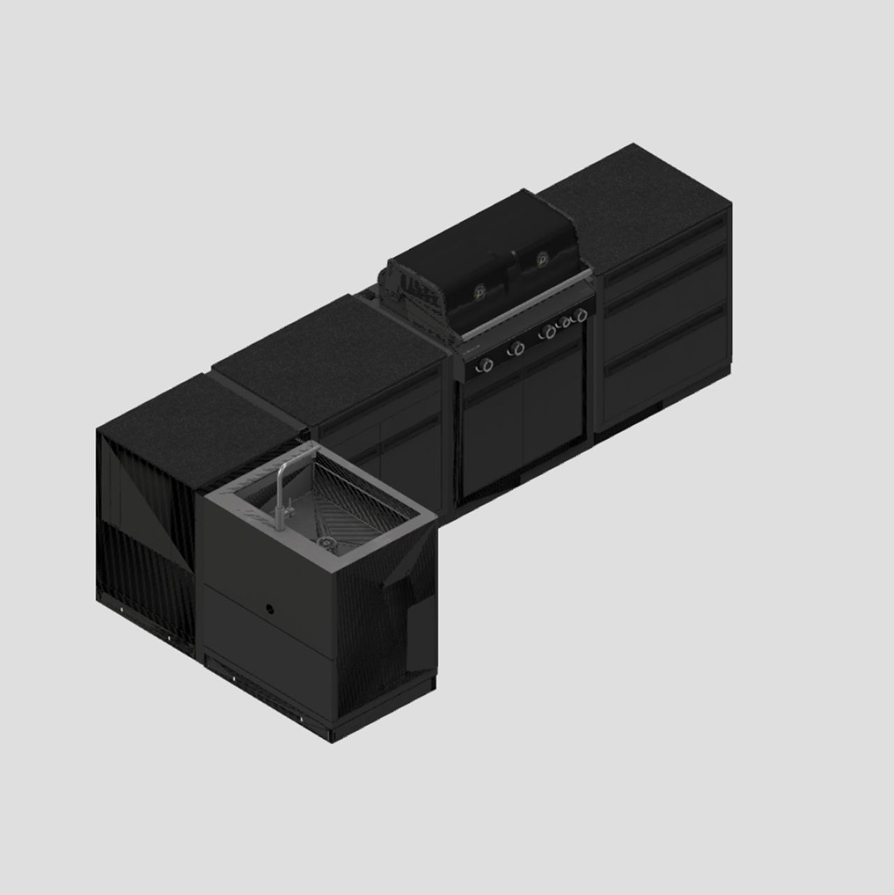 Outdoorküche Outdoorchef Heat X-415 L-Form inkl. Spüle, 3-Schubladenmodul, Schrankmodul & Eckmodul - Arbeitsplatte: Granit