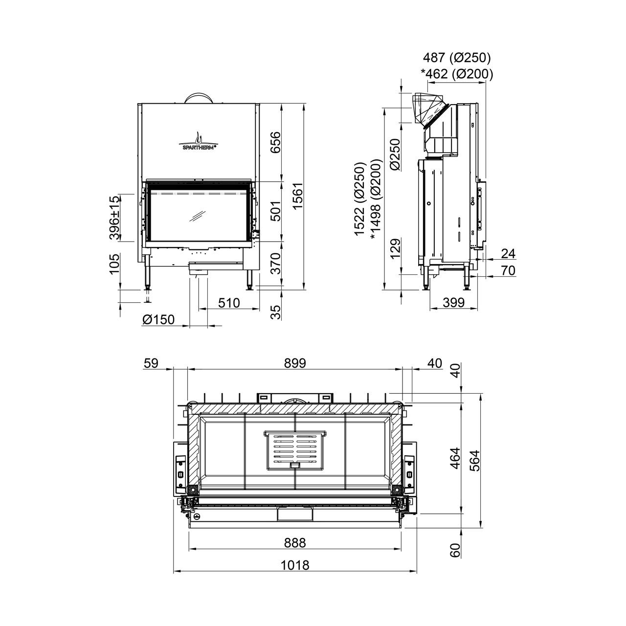 Kamineinsatz Spartherm Premium V-1V-87h 9,5 kW - Abgasanschluss: Ø 200 mm - Feuerraumauskleidung: Elfenbein