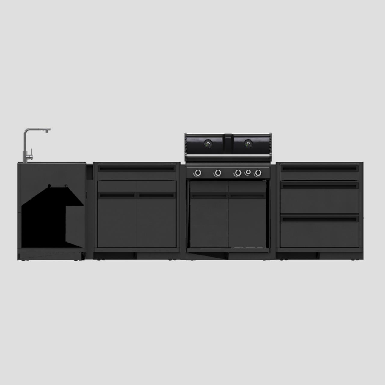 Outdoorküche Outdoorchef Heat X-415 L-Form inkl. Spüle, 3-Schubladenmodul, Schrankmodul & Eckmodul - Arbeitsplatte: Granit