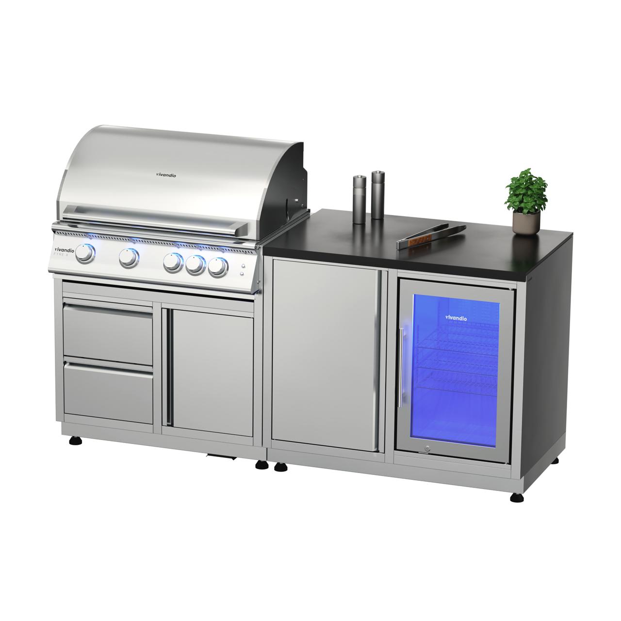 Outdoorküche vivandio quub / Mobile Outdoorküche mit Grill und Kühlschrank - Ausführung: silber - Mobilität: mit Stellfüßen