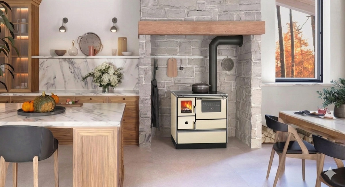 Montagebeispiel, Elfenbein, Bratrohr und RR-Anschluss rechts