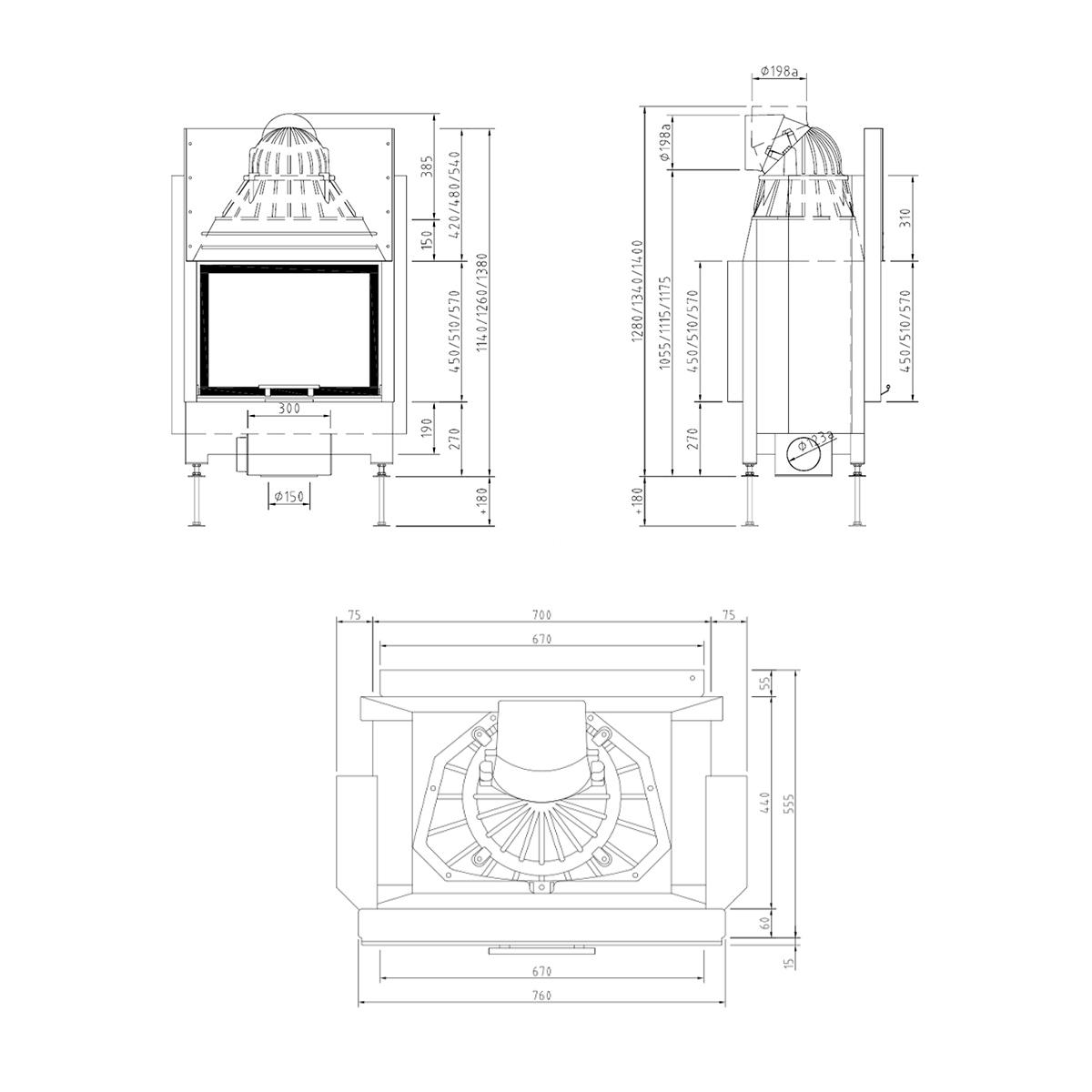 Tunnel-Kamineinsatz Schmid Lina TV 67 h/s mit 9 kW - Türhöhe: 57 cm - Brennraumauskleidung: Schamotte Weiß - modulares Blendrahmensystem: nein