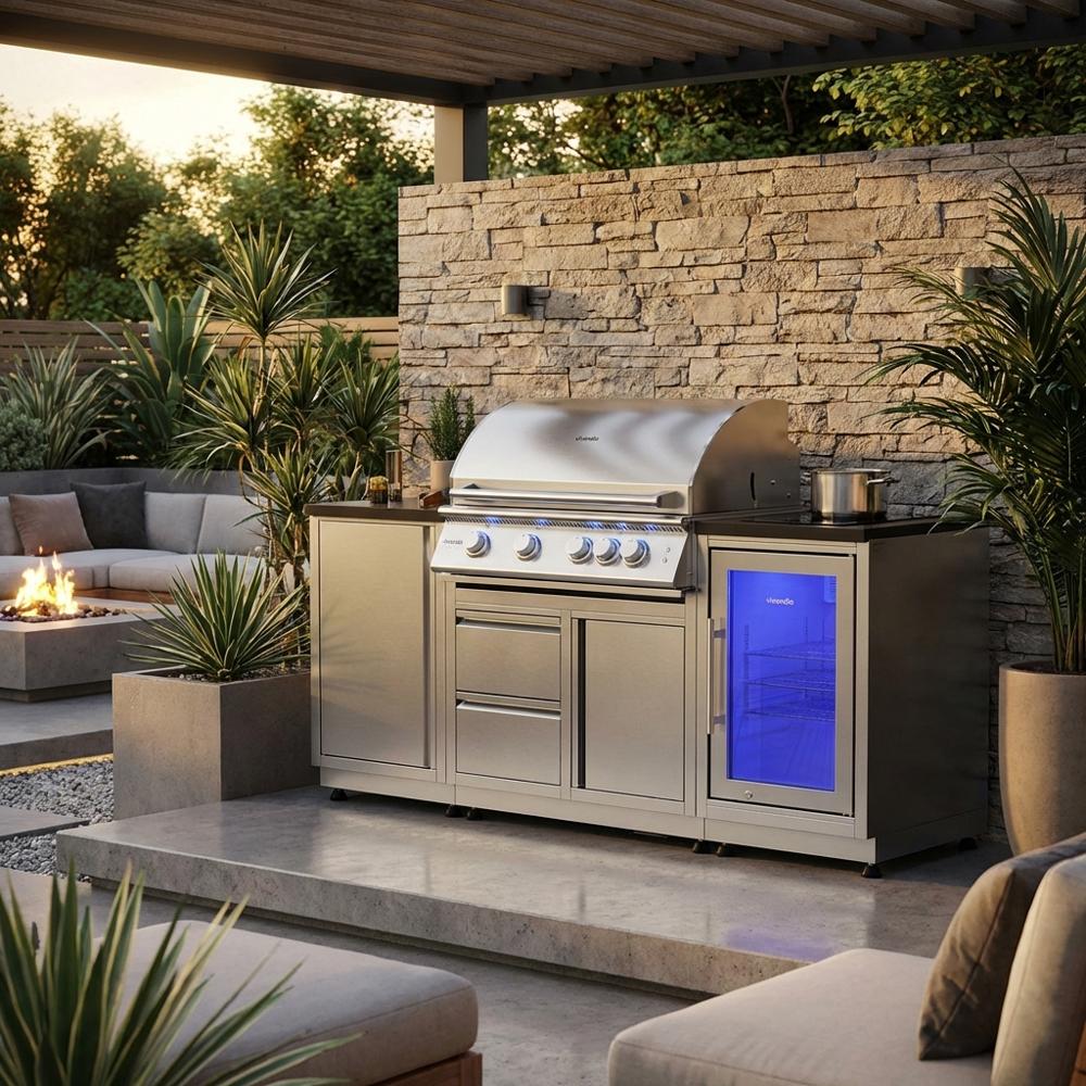 Gasgrill Einbaugrillaufsatz vivandio fyre X - Ausführung: IR Gen2 (1x IR + 3x Edelstahlguss) - Konfiguration: 2x Keramik Rest V4A