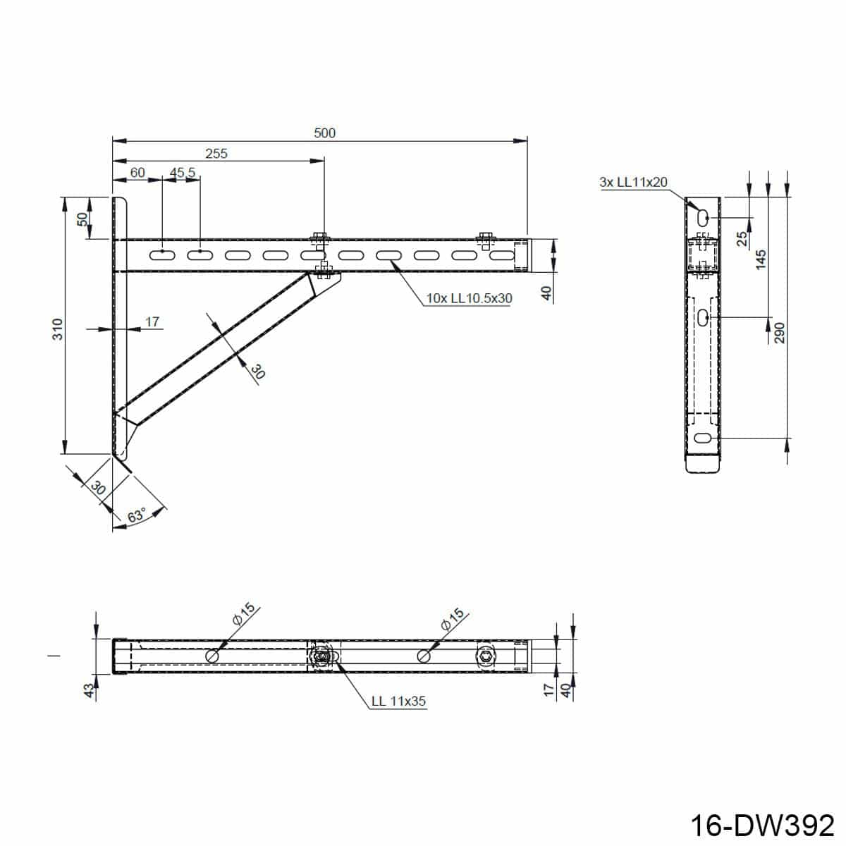 Jeremias DW-BLACK Wandstütze inkl. Querträger - Ausführung: Typ II, Länge = 500mm