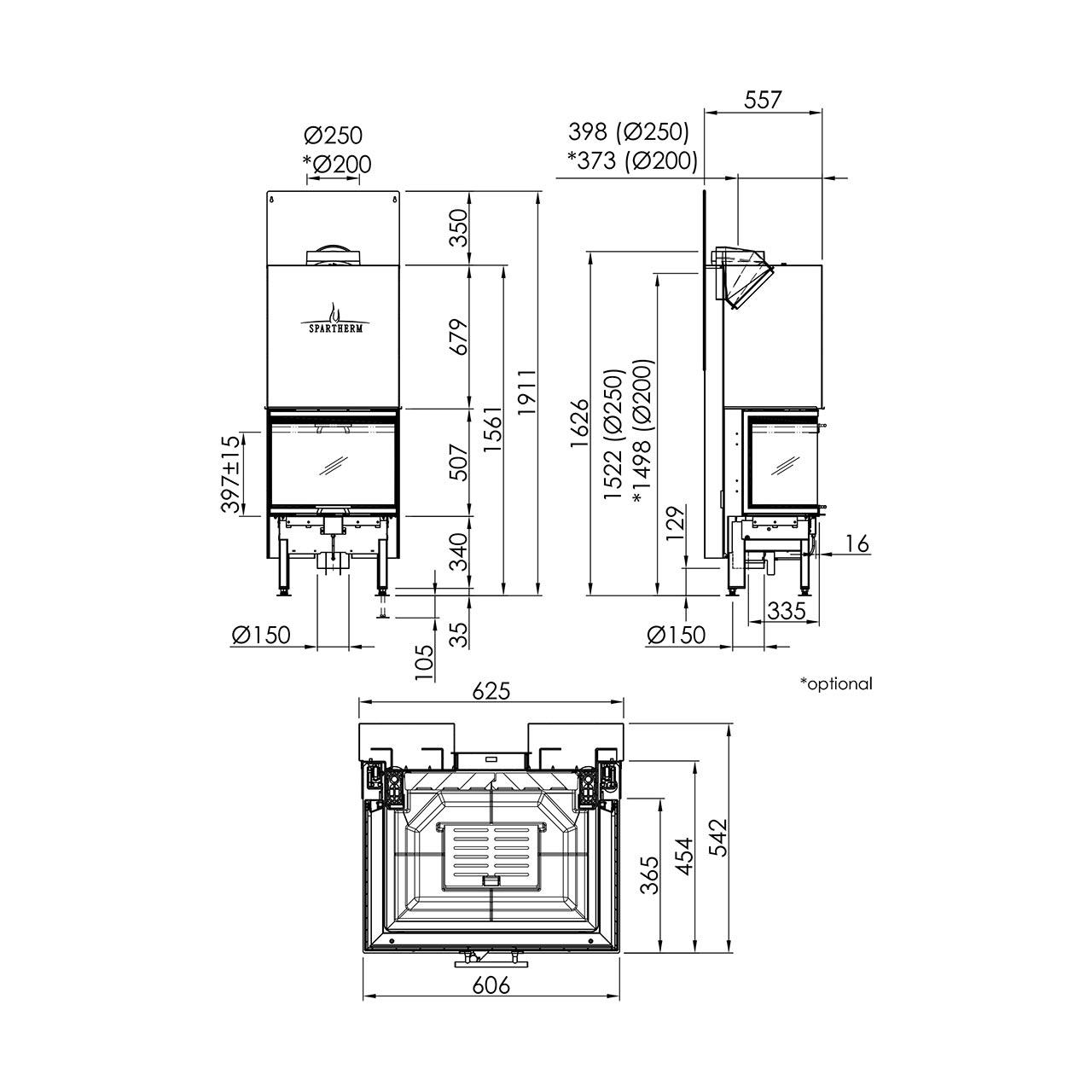 Kamineinsatz Spartherm Arte 3RL-60h 10 kW - Rauchrohrdurchmesser: 250 mm - Feuerraumauskleidung: weiß