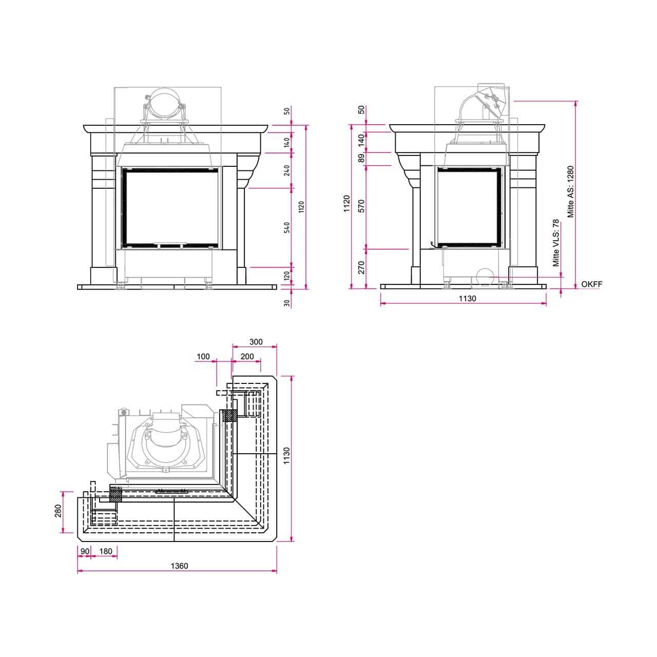 Eck-Kaminbausatz Camina N17 mit 9 kW - Naturstein: Travertino Romano - Eckscheibe: rechts - Feuerraumauskleidung: Schamotte weiß