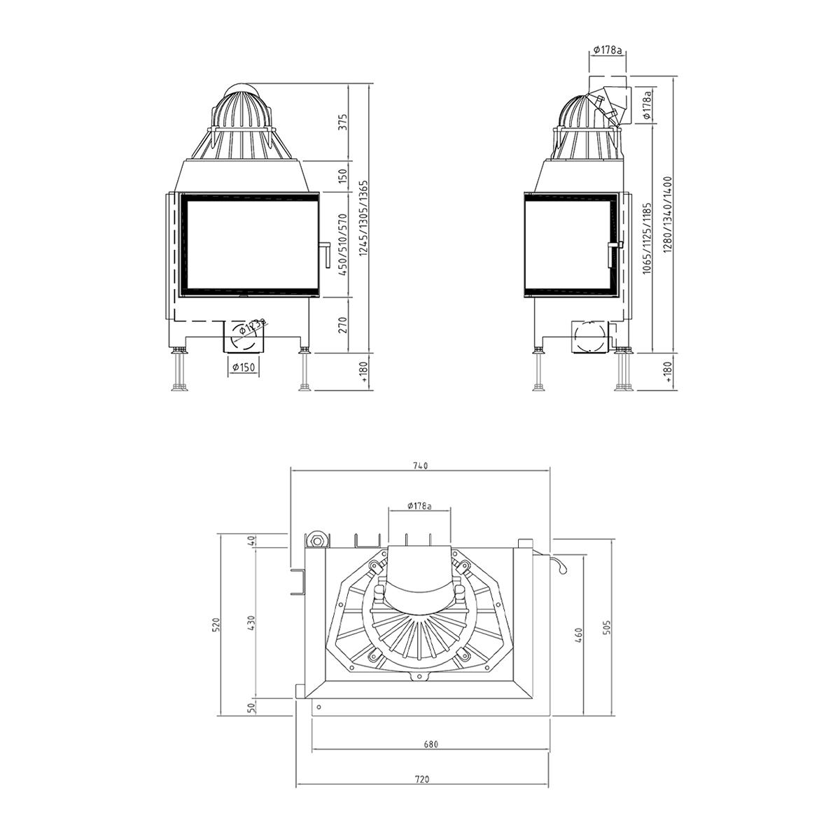 Eck-Kamineinsatz Schmid Ekko R 67(45) s mit 9 kW - Türhöhe: 57 cm - Türausführung: ohne Steg - Brennraumauskleidung: Schamotte Weiß