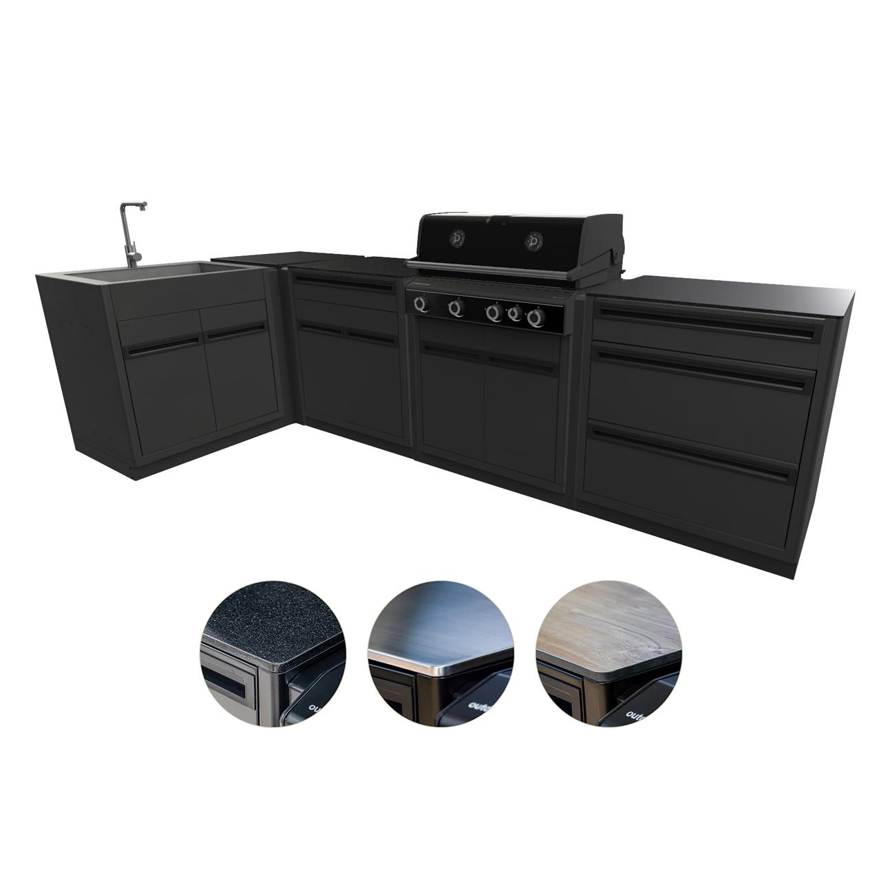 Outdoorküche Outdoorchef Heat X-415 L-Form inkl. Spüle, 3-Schubladenmodul, Schrankmodul & Eckmodul
