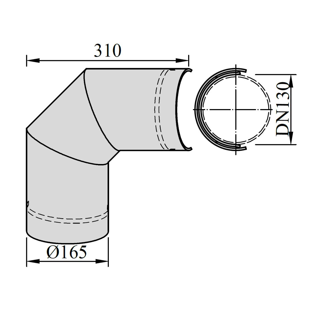 Ofenrohr Bogen Hitzeschutz seitlich DN 130 mm 90° Schwarz