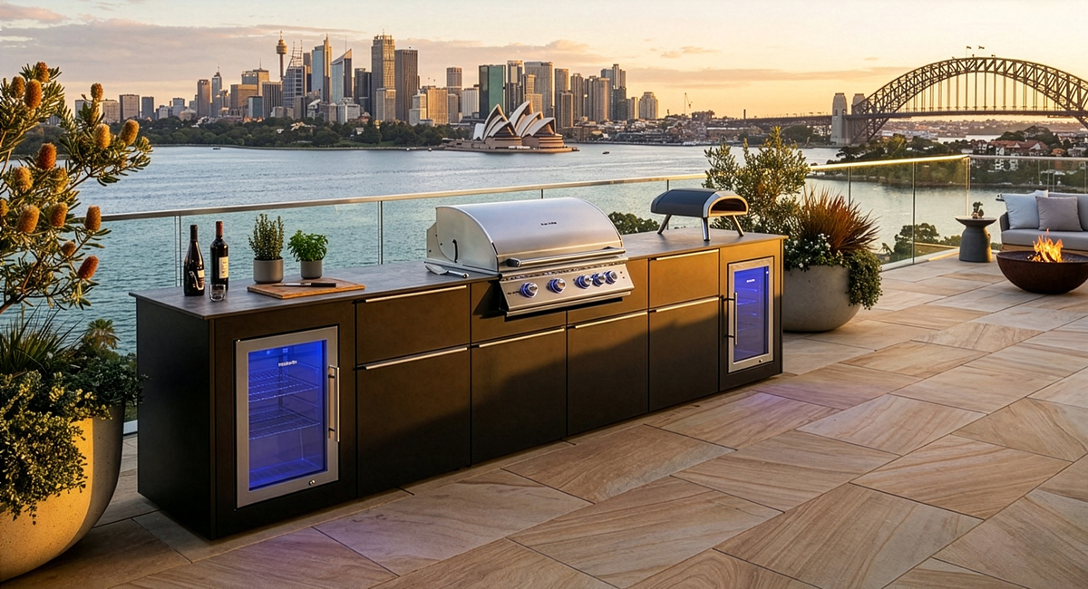 Das Bild dient lediglich der Veranschaulichung und zeigt eine Beispielkonfiguration der vivandio elements Outdoorküche Sevilla - base black